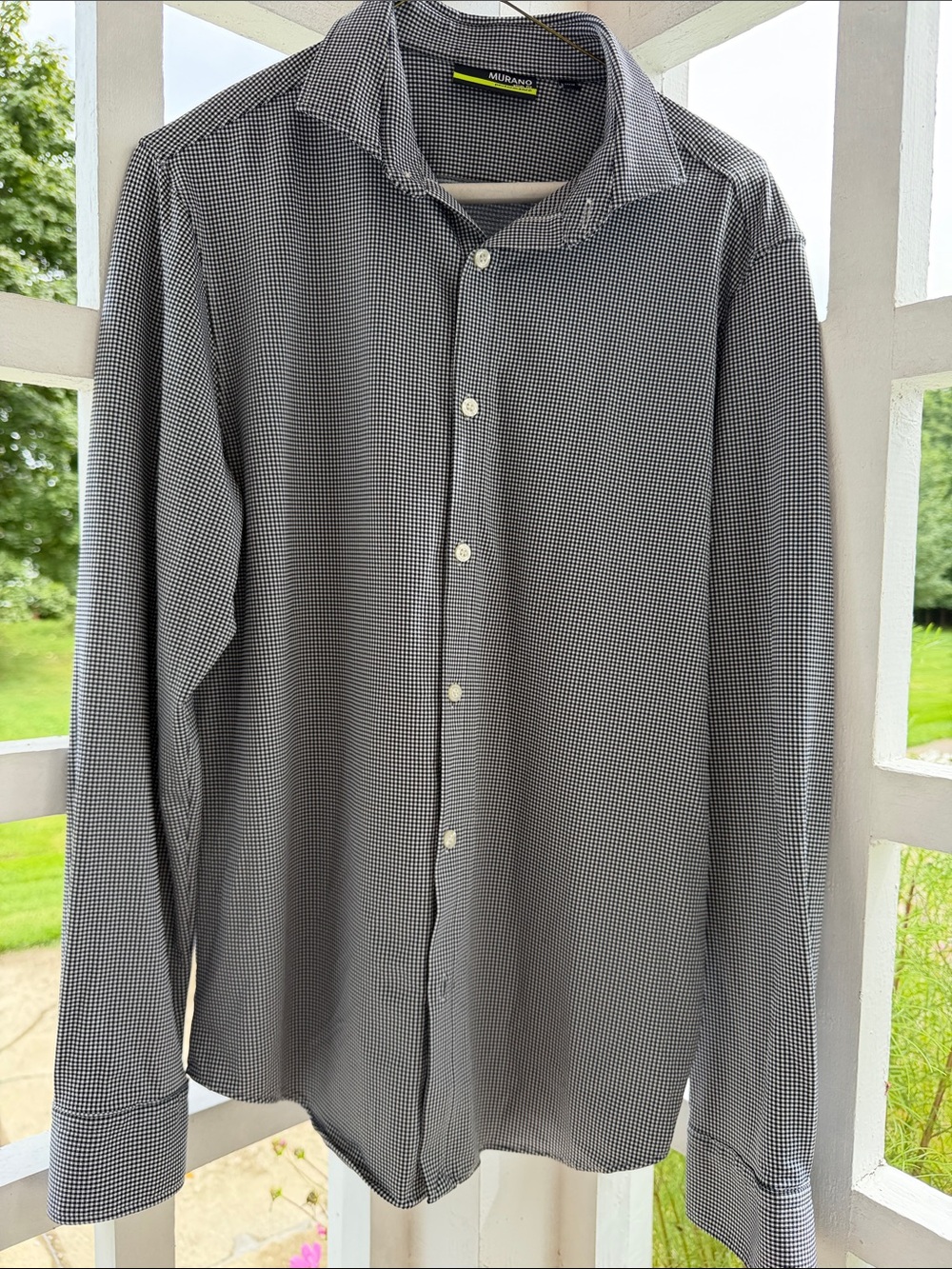 Murano Sz L Black & White Micro-Check Long-Sleeve Dress Shirt